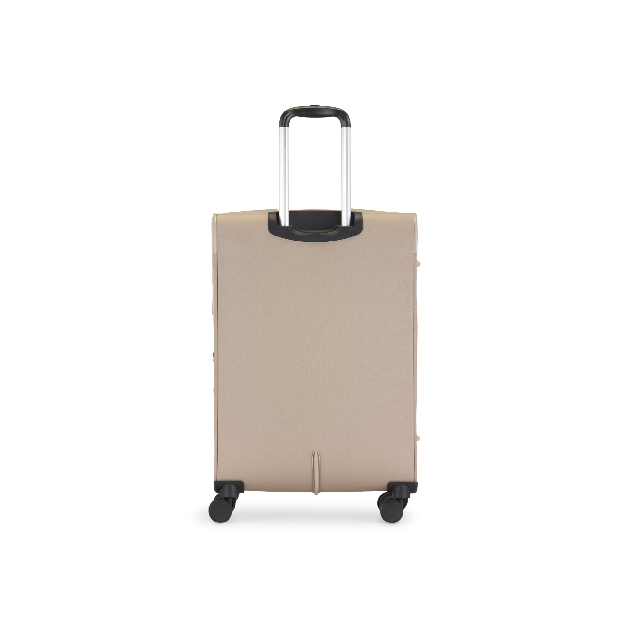 Beige suitcase with a black handle and wheels on a white background