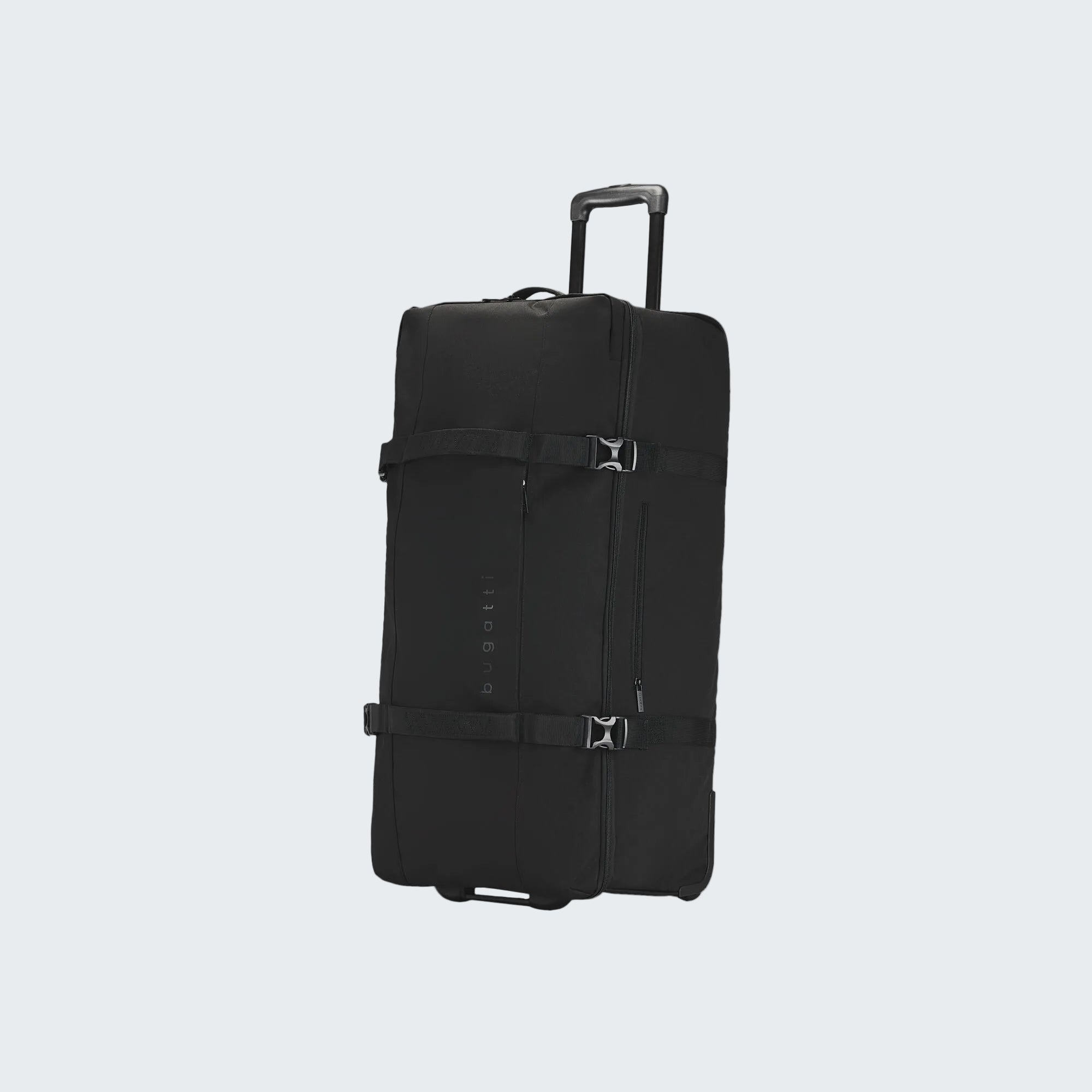 Black suitcase with wheels on a white background