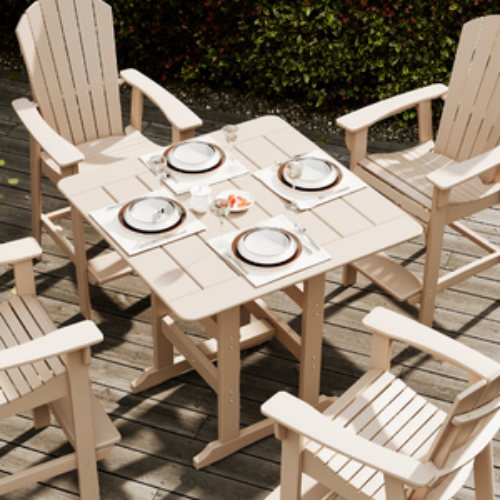 Wooden outdoor table with chairs on a wooden deck