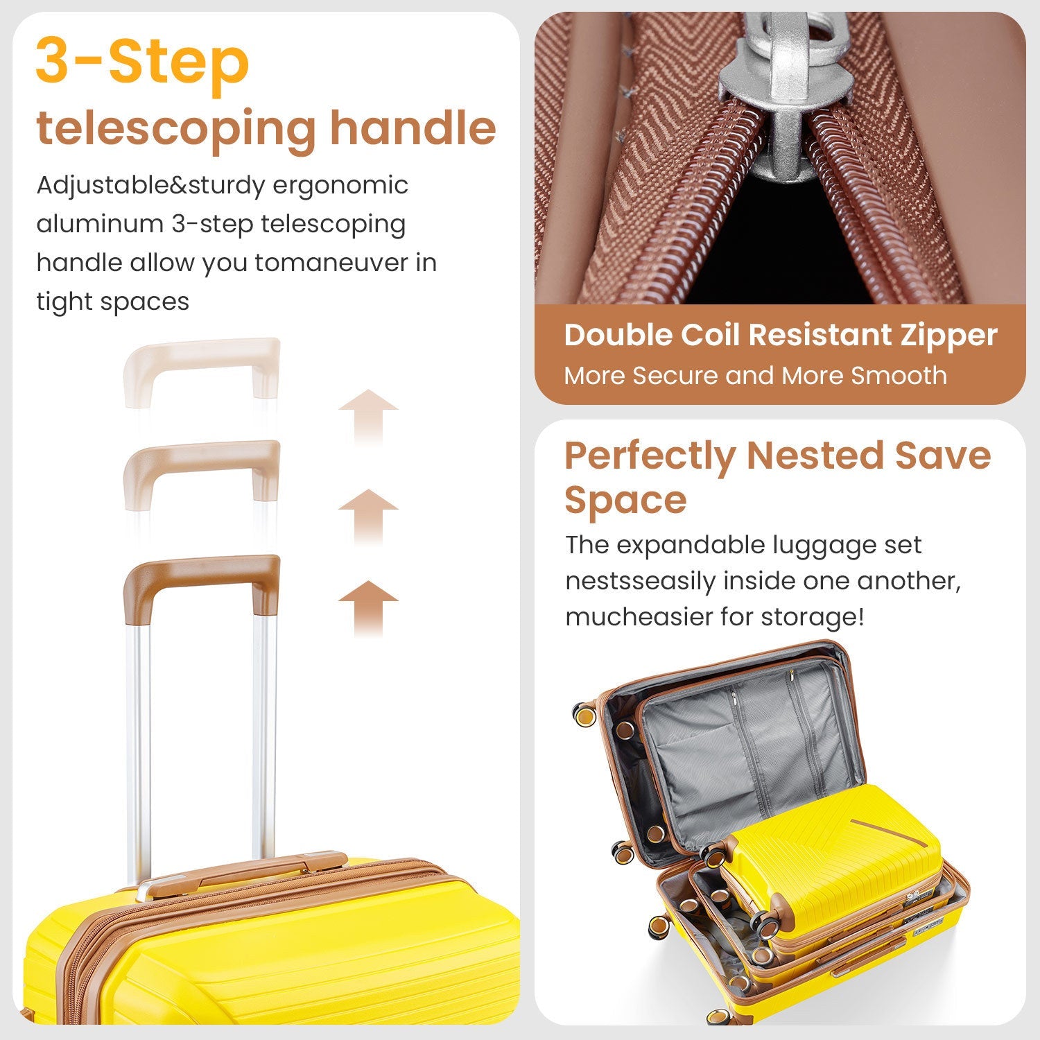 Four Piece Yellow Expandable Lightweight Suitcase with Four Double 360 Degrees Mute Spinner Wheels