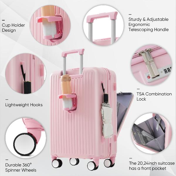 Pink Luggage Set of Three with USB Port with Open Front