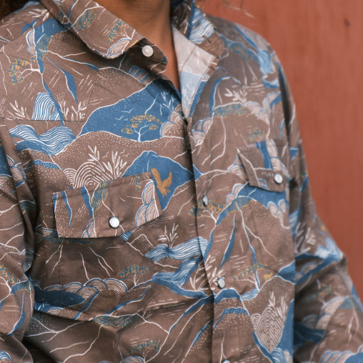 Close-up of a person wearing a patterned shirt with blue and brown design.