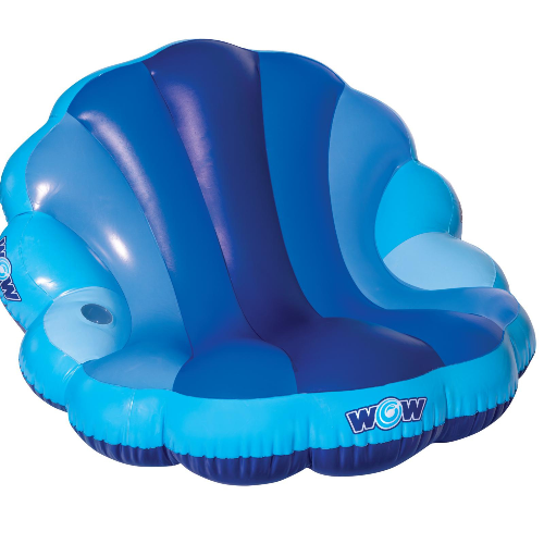 Inflatable blue chair with striped design on a white background