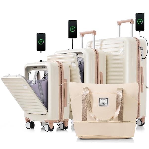 Set of Four Luggage Set with USB Port and Front Opening Design