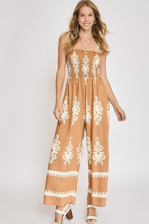Umgee Full Size Smocked Printed Wide Leg Jumpsuit
