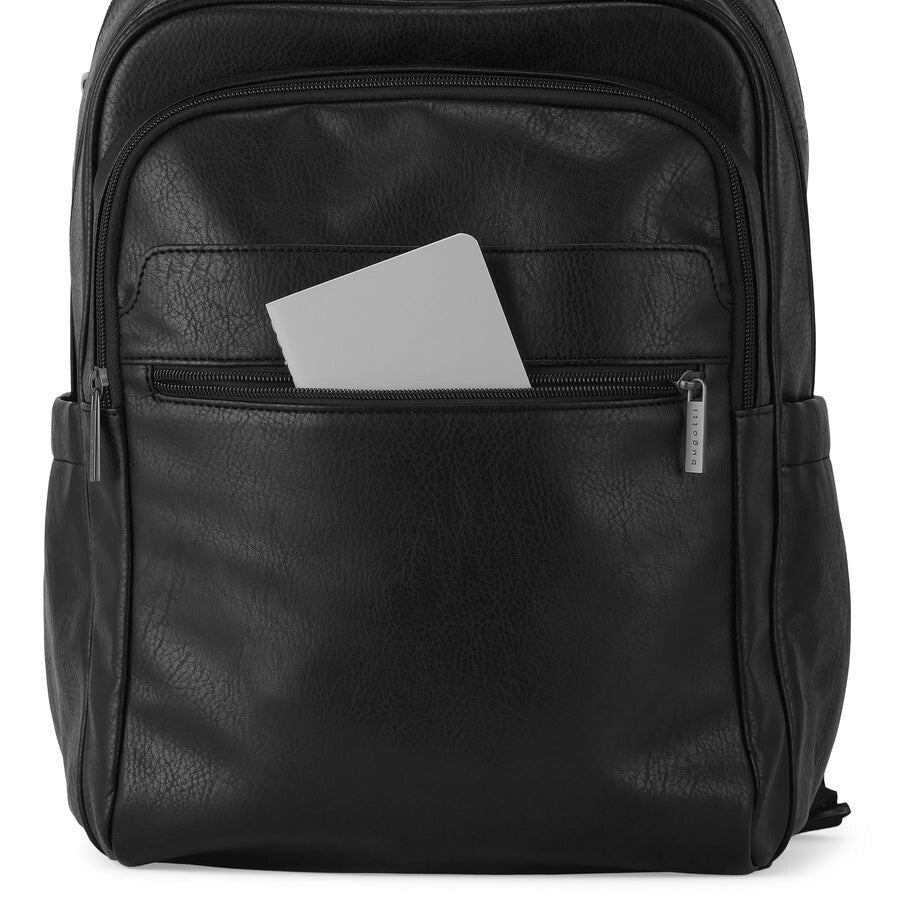 Black leather backpack with a gray tablet inside on a white background