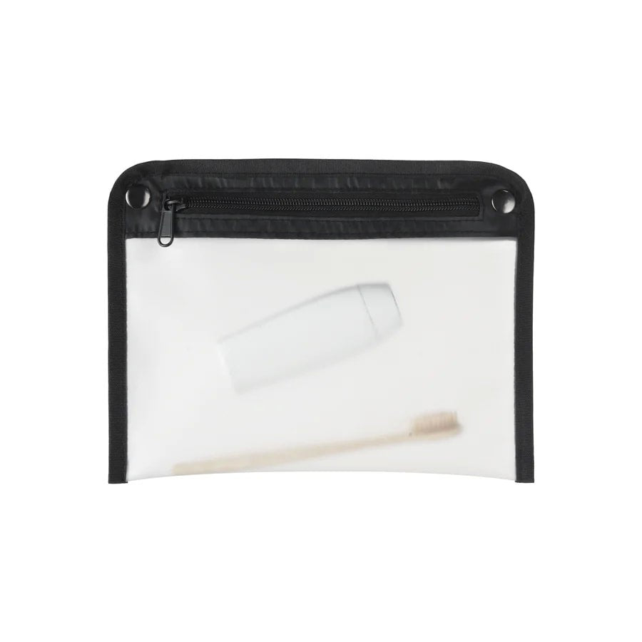 Clear pouch with black zipper on a white background