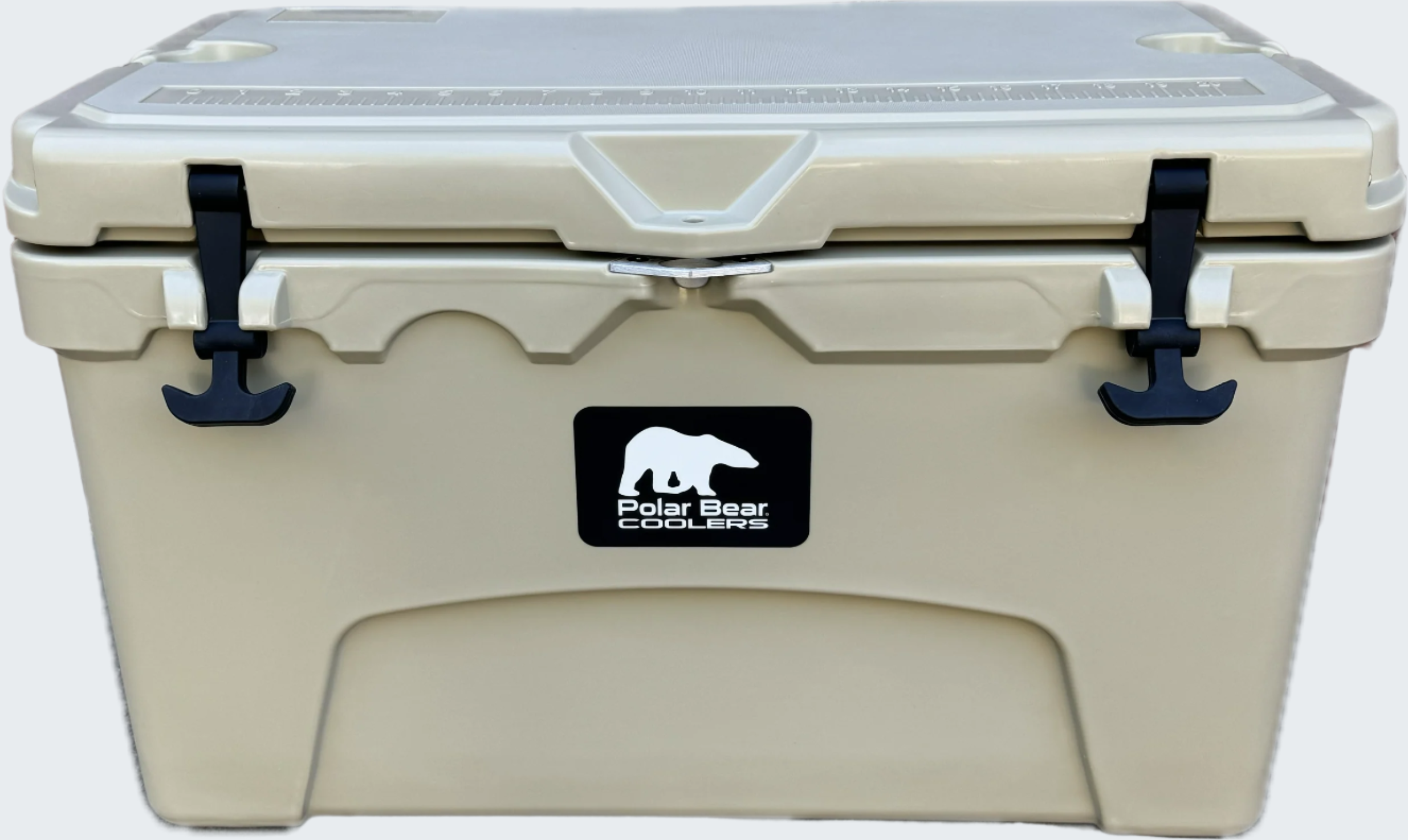 Beige cooler with black straps and Polar Bear Coolers logo on a white background