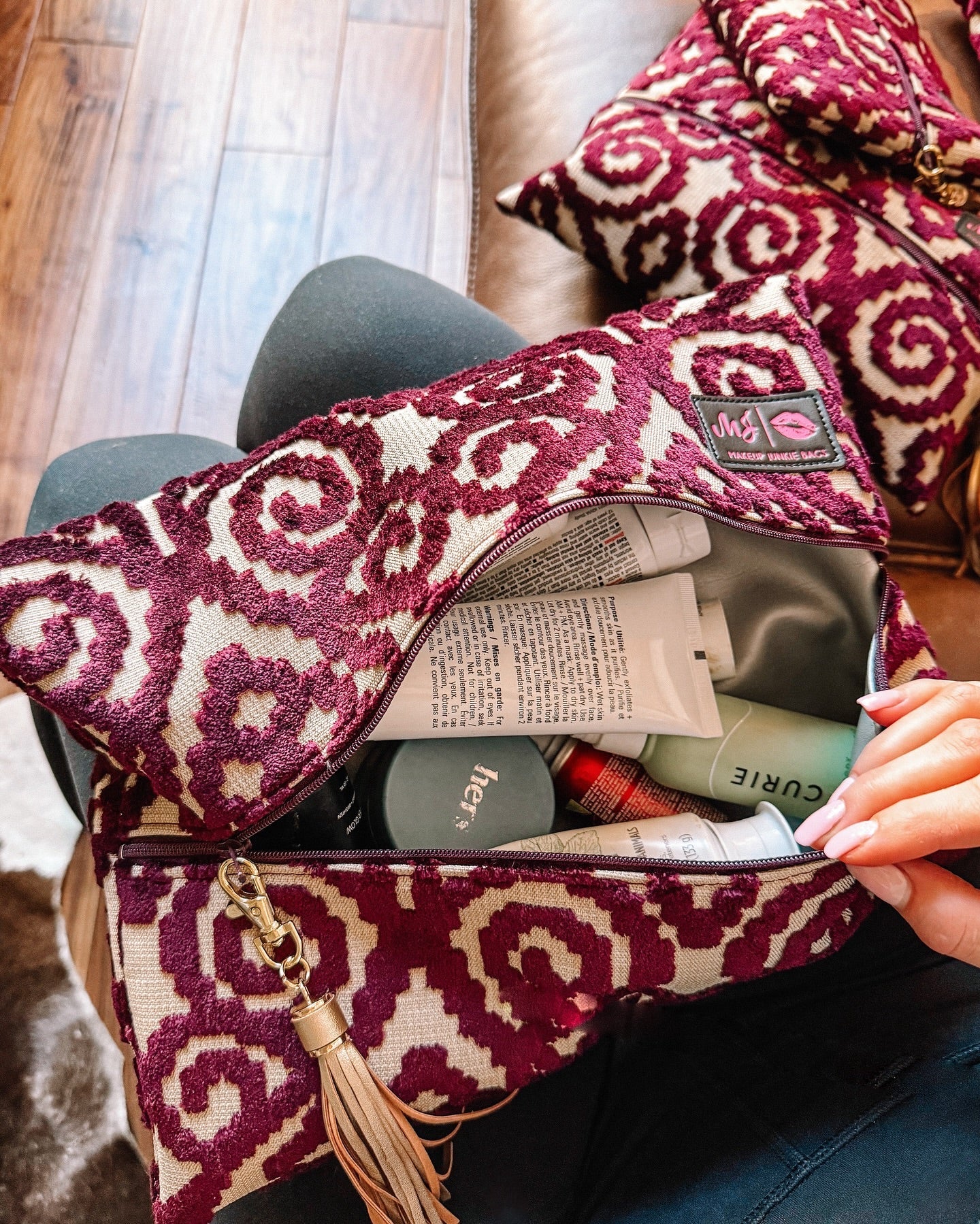 Makeup Junkie Bags - Merlot Damask