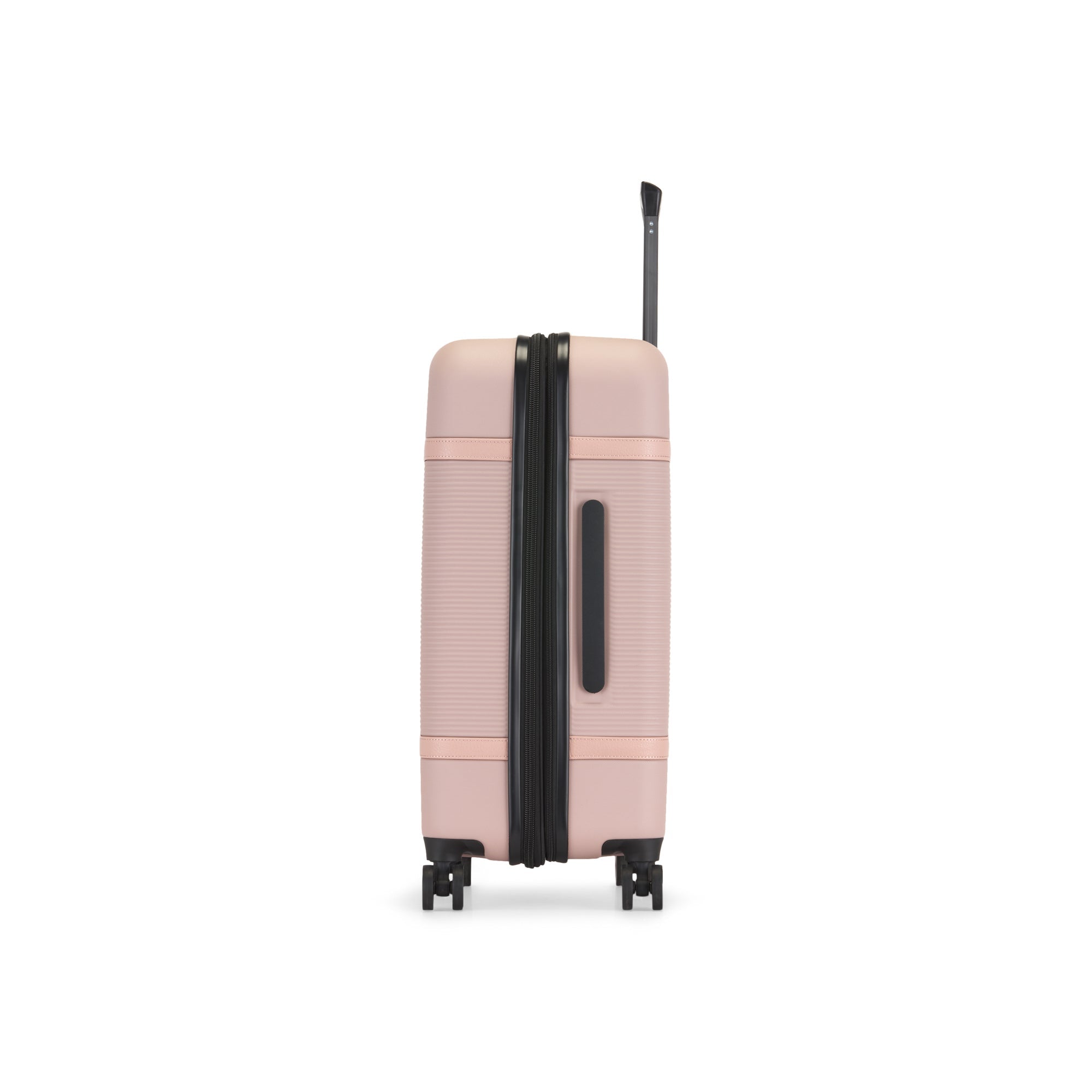 Pink suitcase with black handle and wheels on a white background