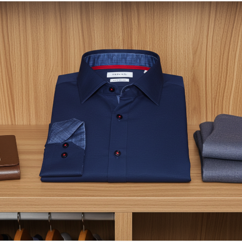 Folded navy shirt with a brown wallet and gray fabric on a wooden surface