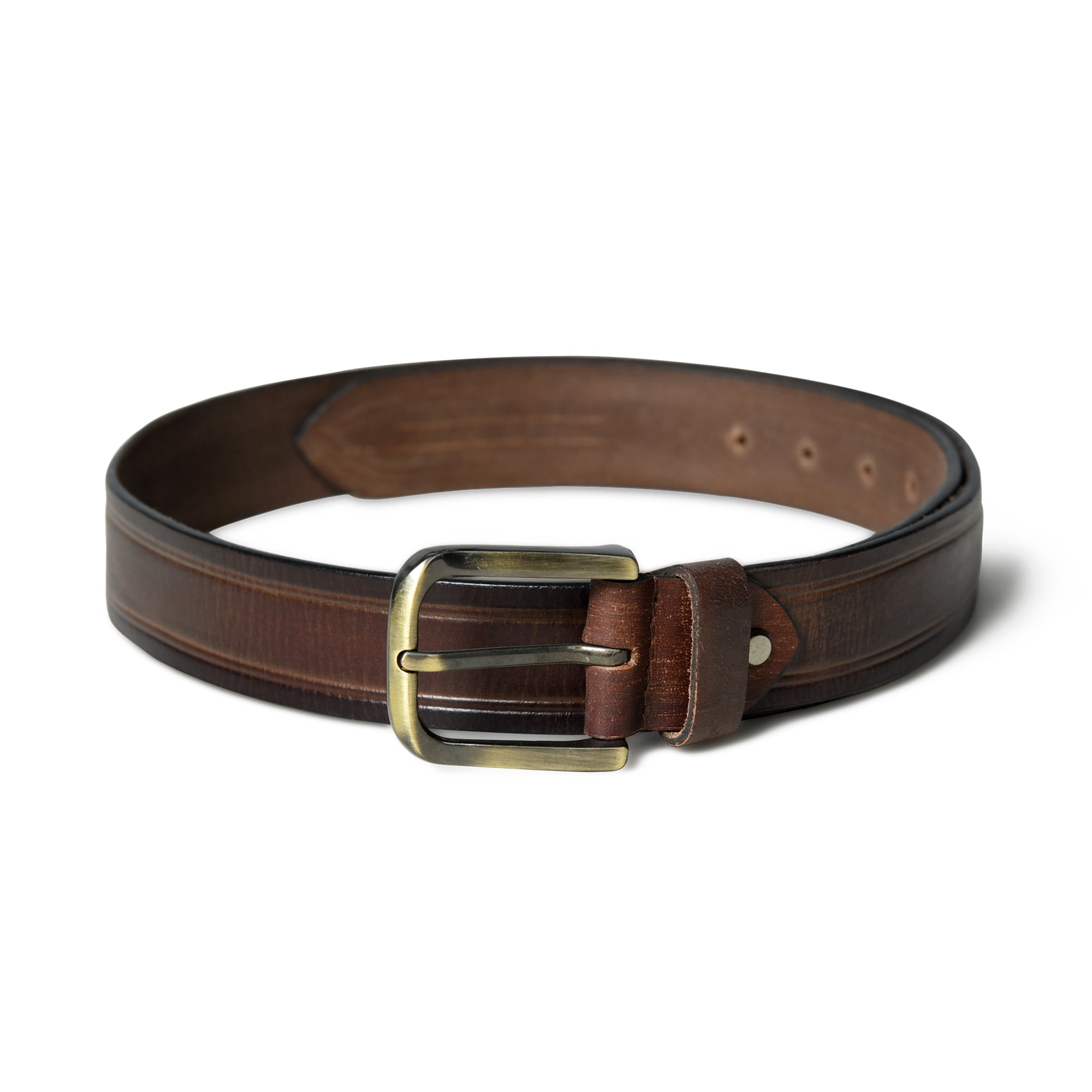 Brown leather belt with brass buckle on a white background