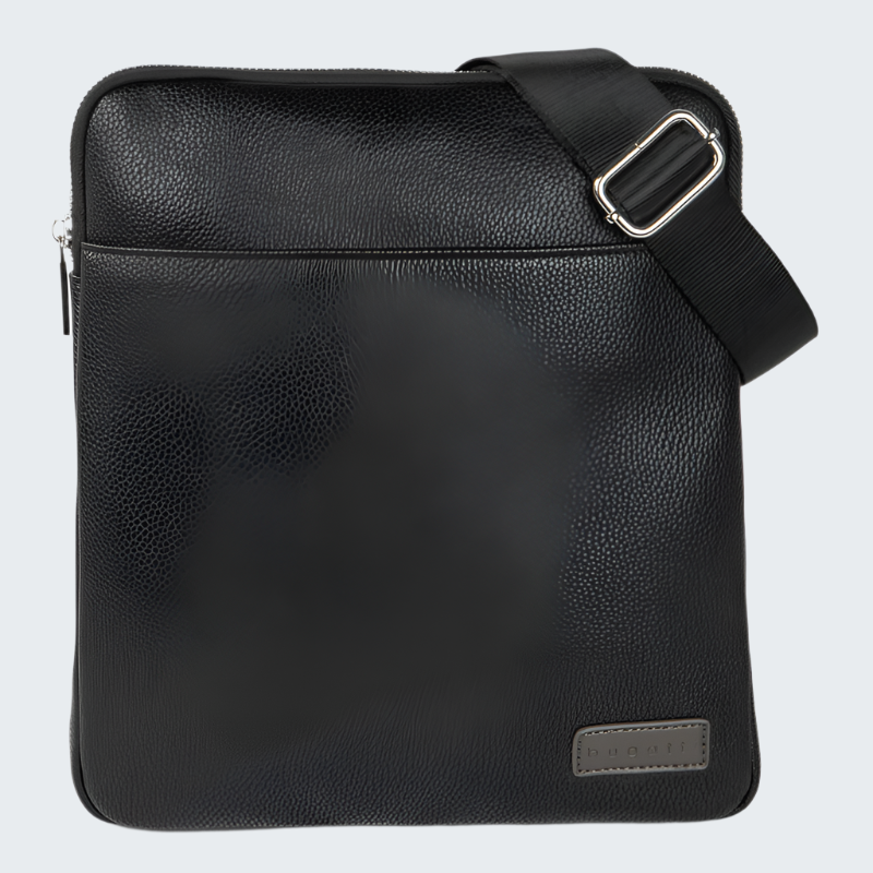Black leather crossbody bag on a white background
