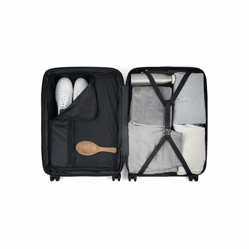 Black suitcase with organized contents on a white background