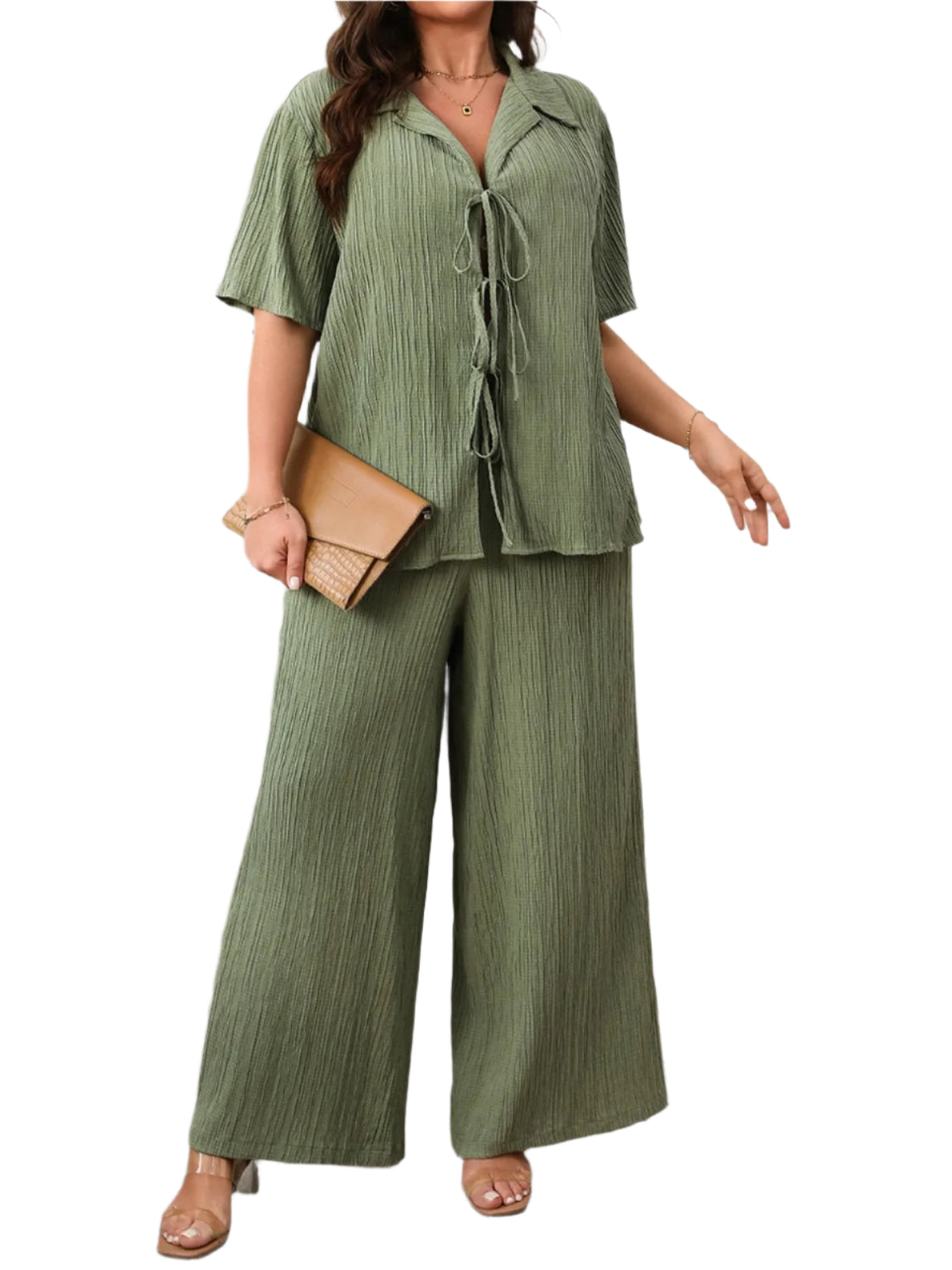 Plus Size Tie Front Short Sleeve Top and Pants Set
