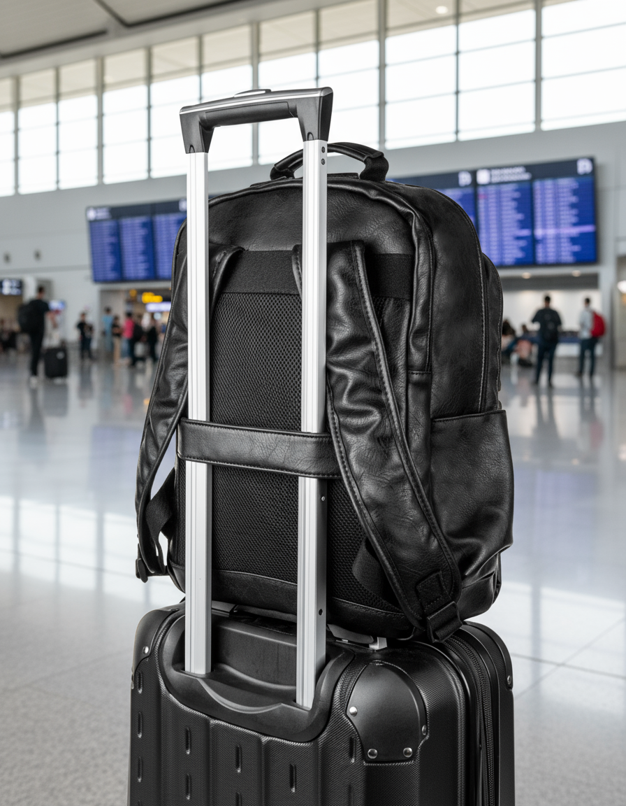 Black backpack with rolling handle on top of a black suitcase