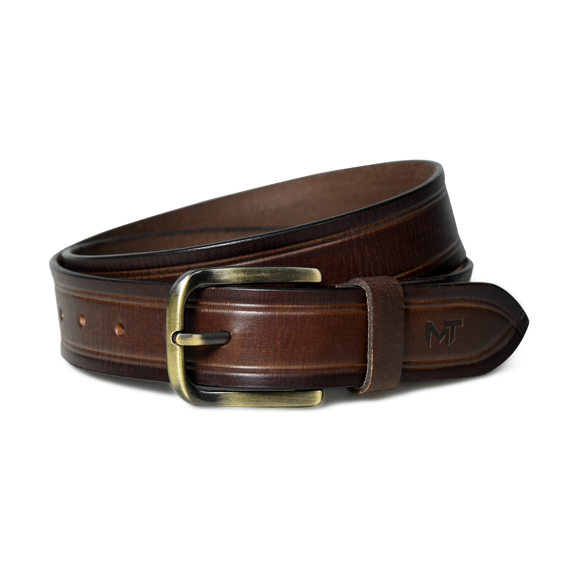 Brown leather belt with brass buckle on a white background