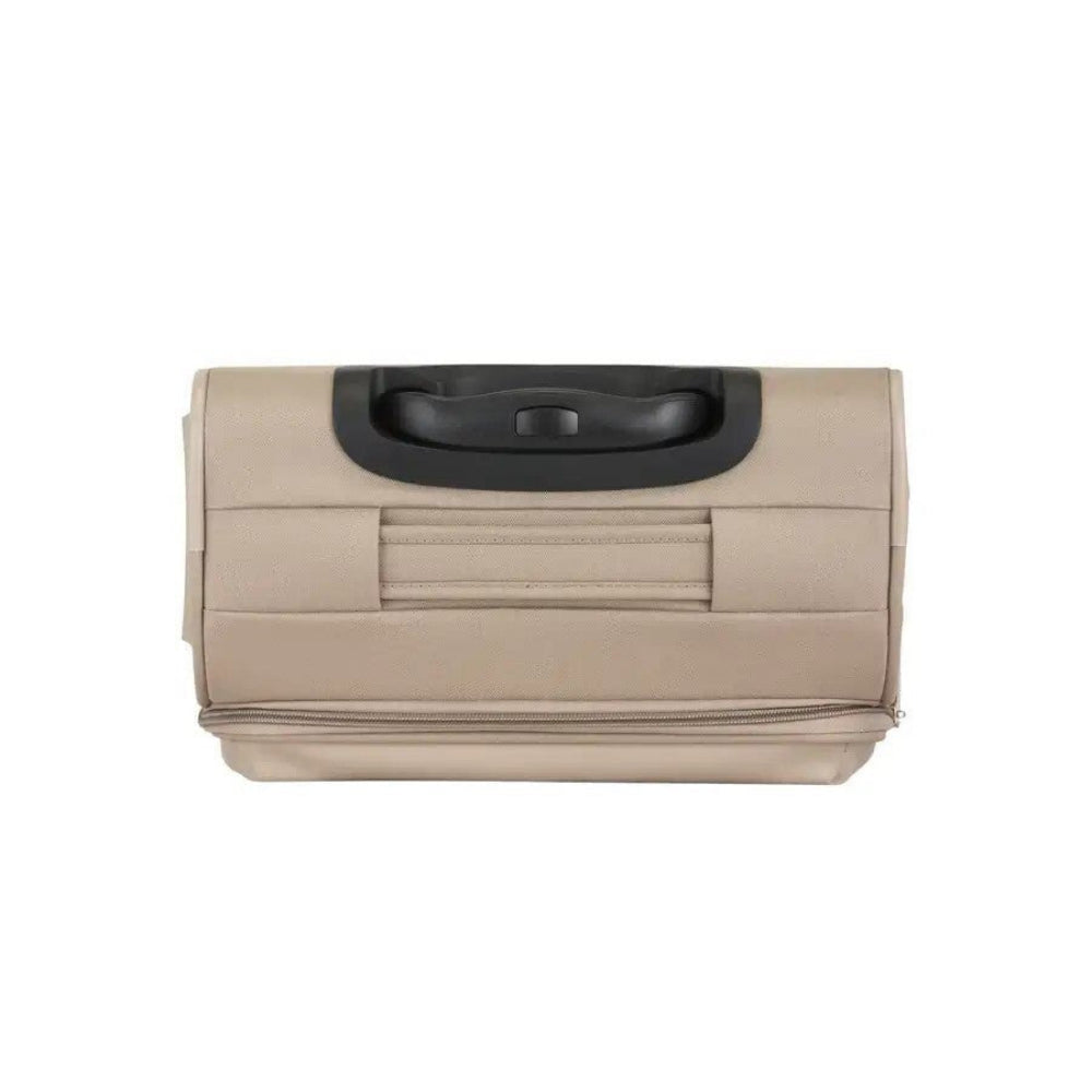 Beige folding laundry basket with black handle on a white background