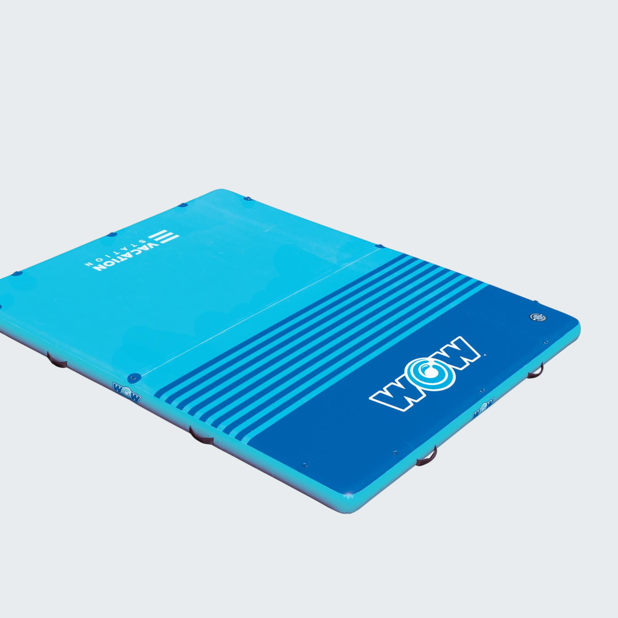 Blue inflatable mat with 'WOW' branding on a white background
