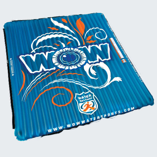 Blue inflatable mat with 'WOW' branding on a black background