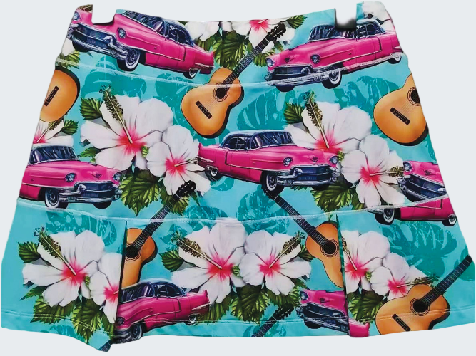 Skirt with vintage car, guitar, and floral pattern on a blue background