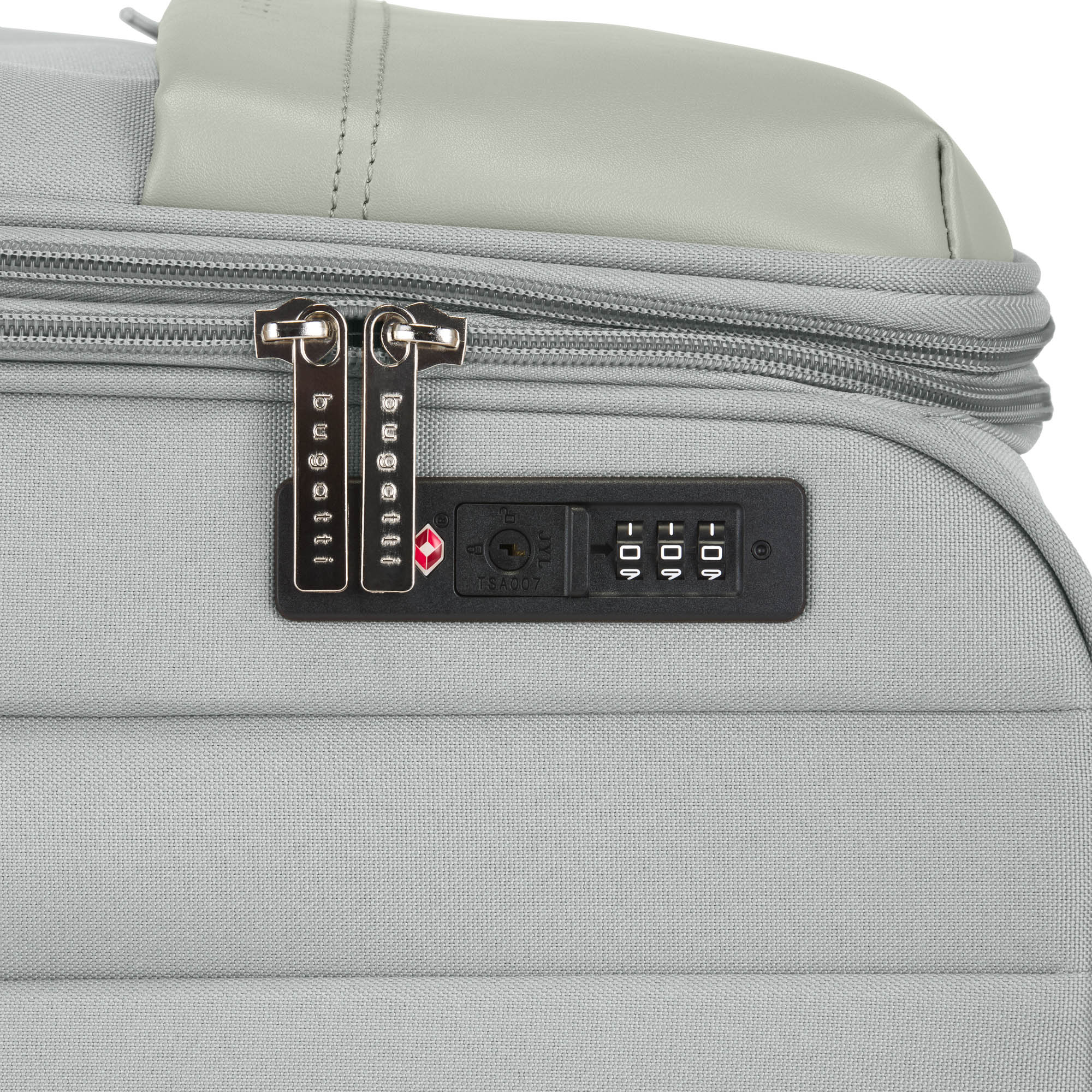 Close-up of a gray suitcase with a combination lock on a white background