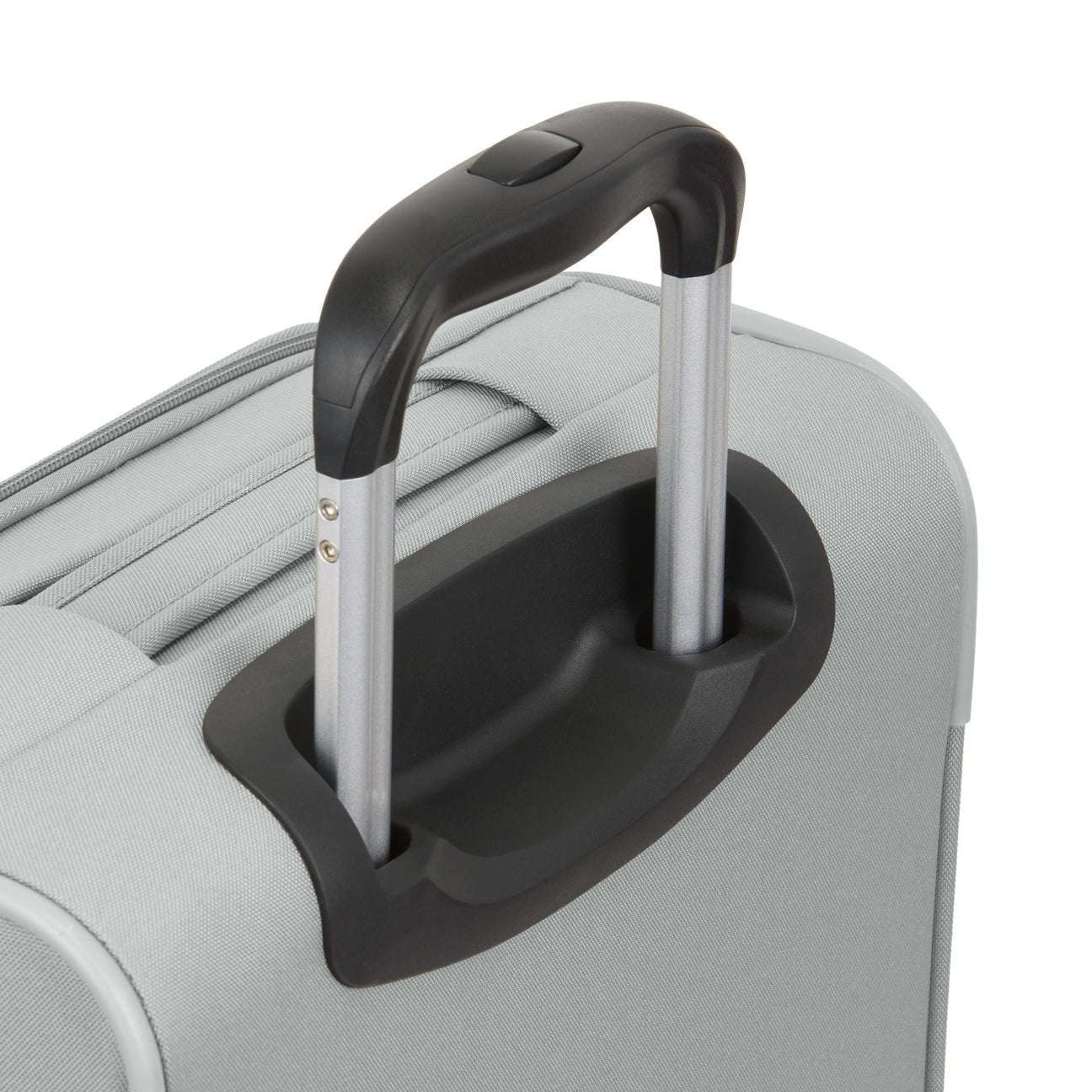 Gray suitcase with black handle and silver telescopic pole on a white background