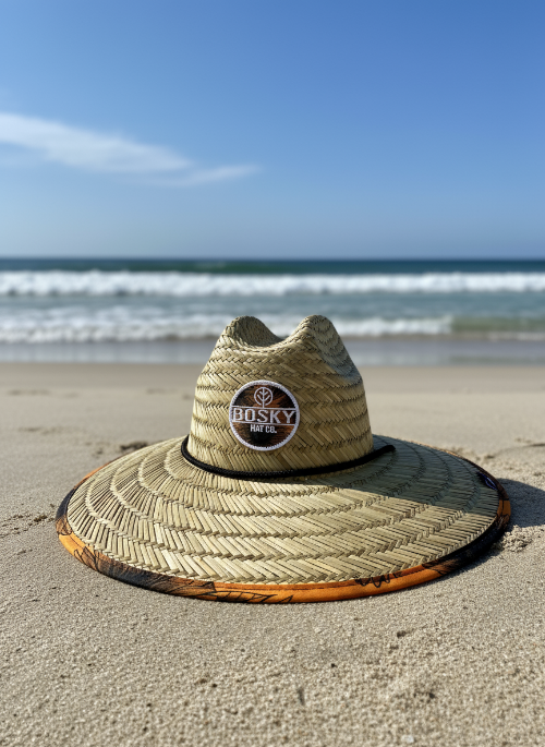 Straw hat with a visible brand logo on a white background