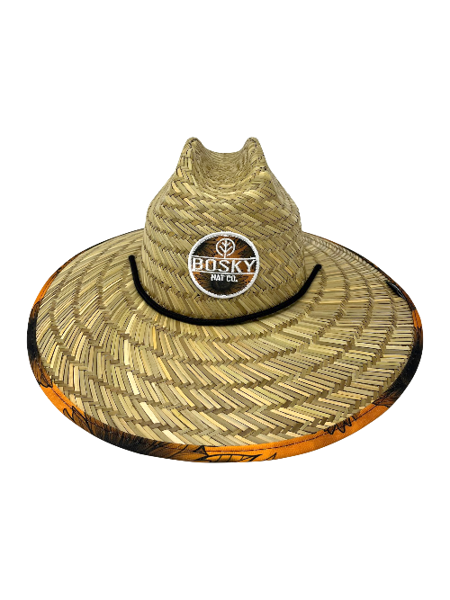 Straw hat with a visible brand logo on a white background