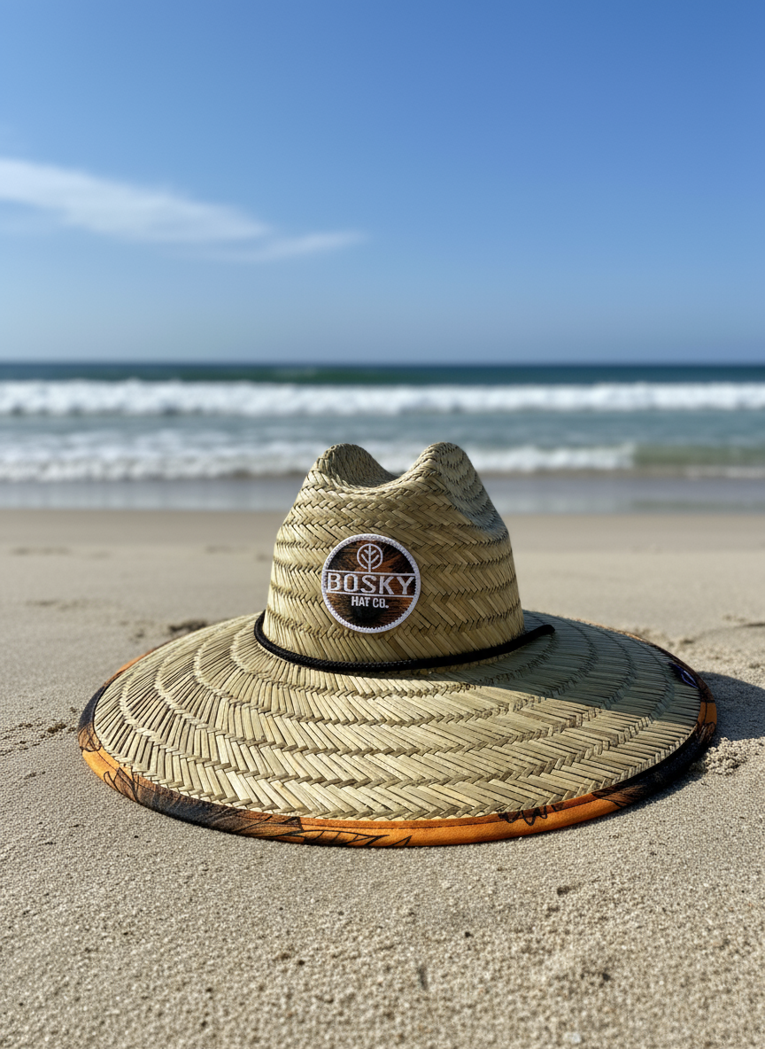 Straw hat with a visible brand logo on a white background
