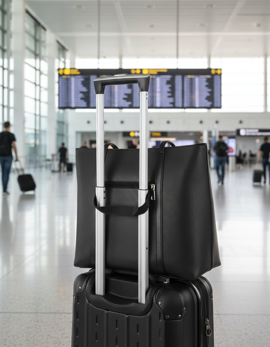 Black suitcase with a matching black backpack on a white background