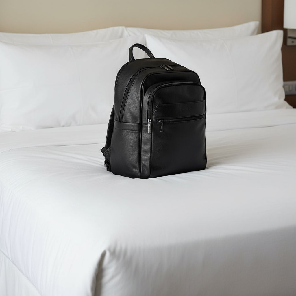 Black backpack on a white background