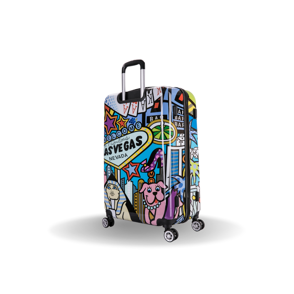 Colorful suitcase with Las Vegas-themed design on a white background