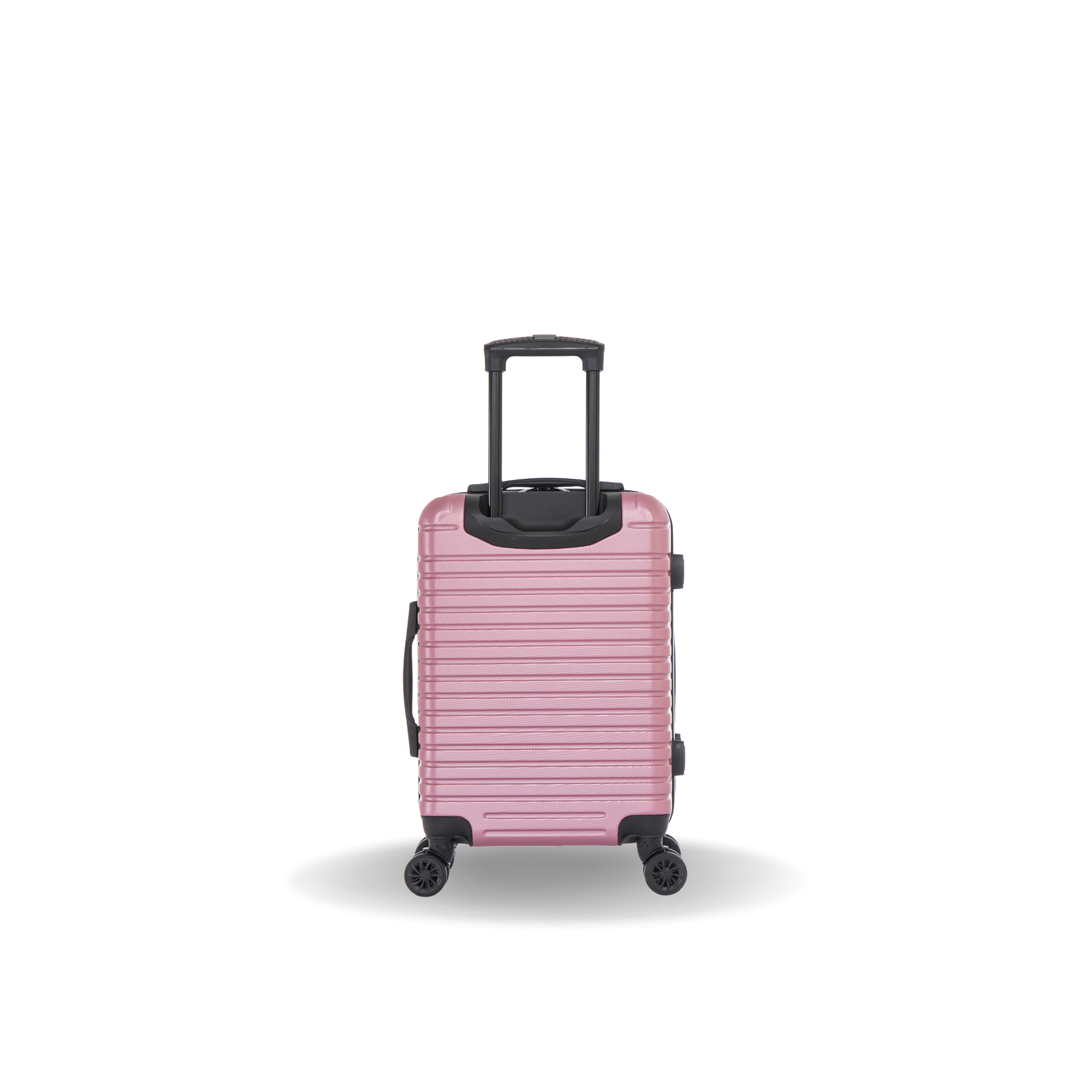 Pink suitcase with black handle and wheels on a white background