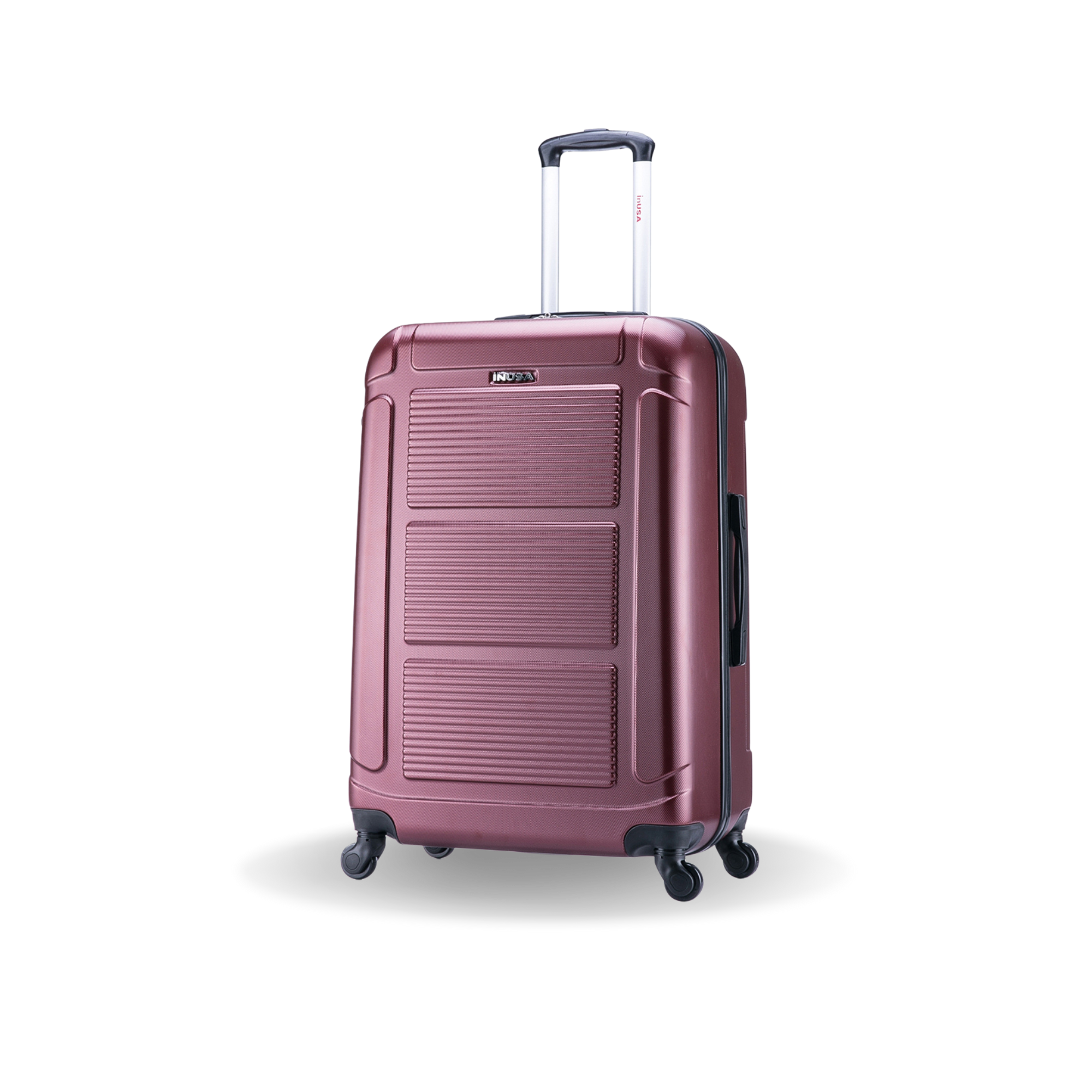 Pink suitcase with wheels and handle on a white background