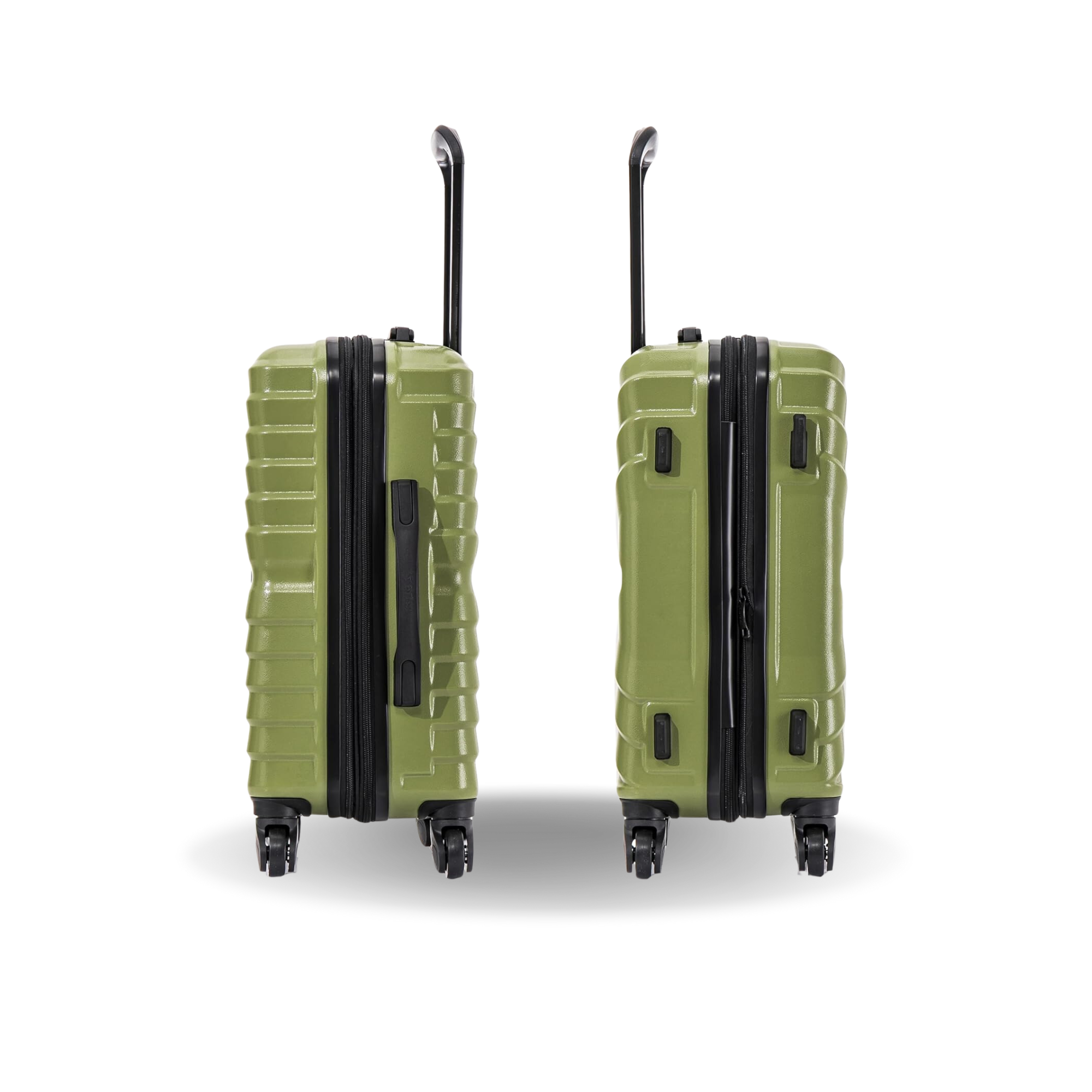 Two green suitcases with black handles and wheels on a white background