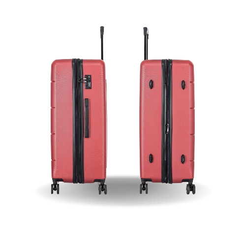 Two red suitcases with black handles and wheels on a white background