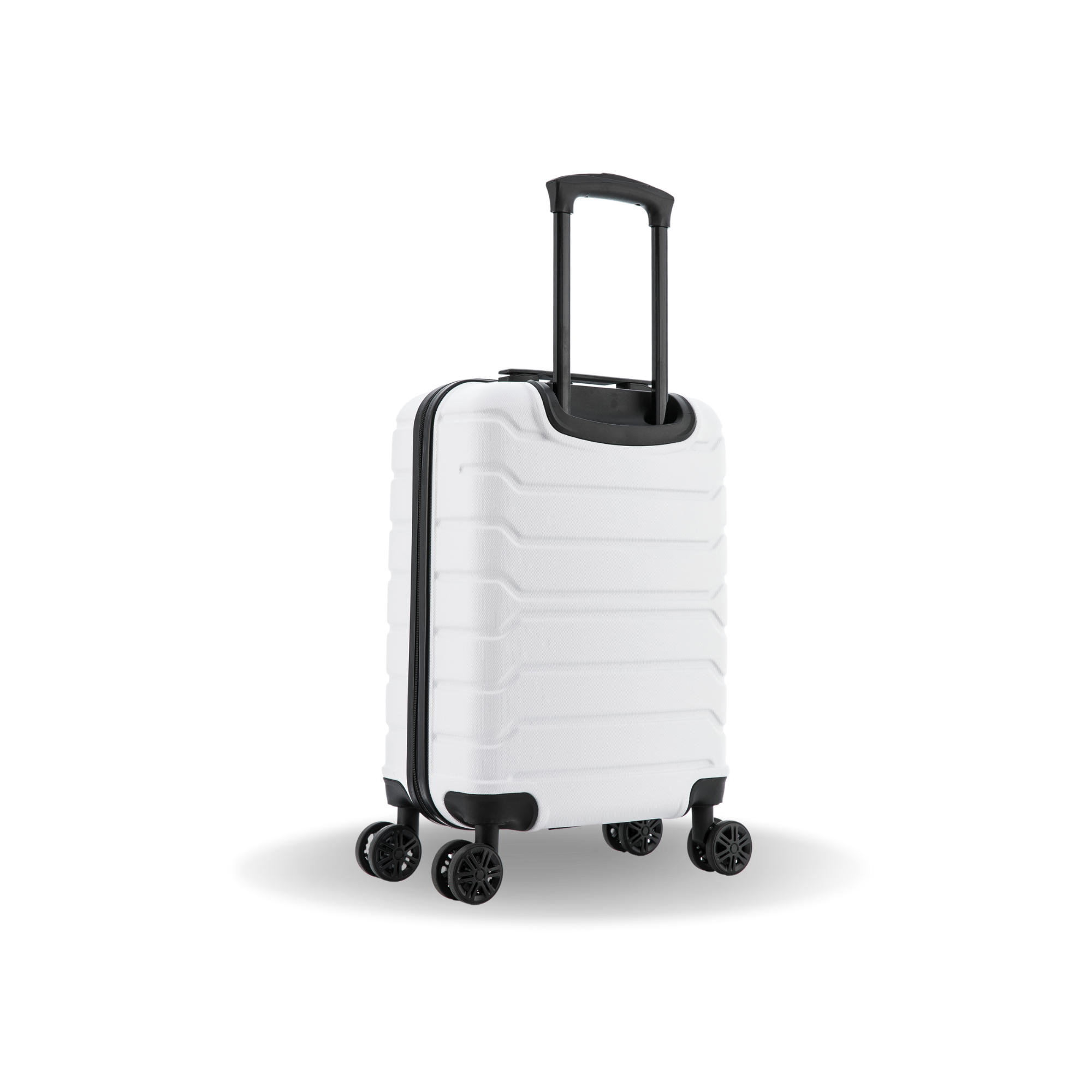 White suitcase with black accents on a white background