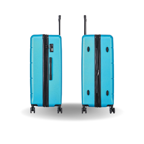 Two blue suitcases with black handles and wheels on a white background