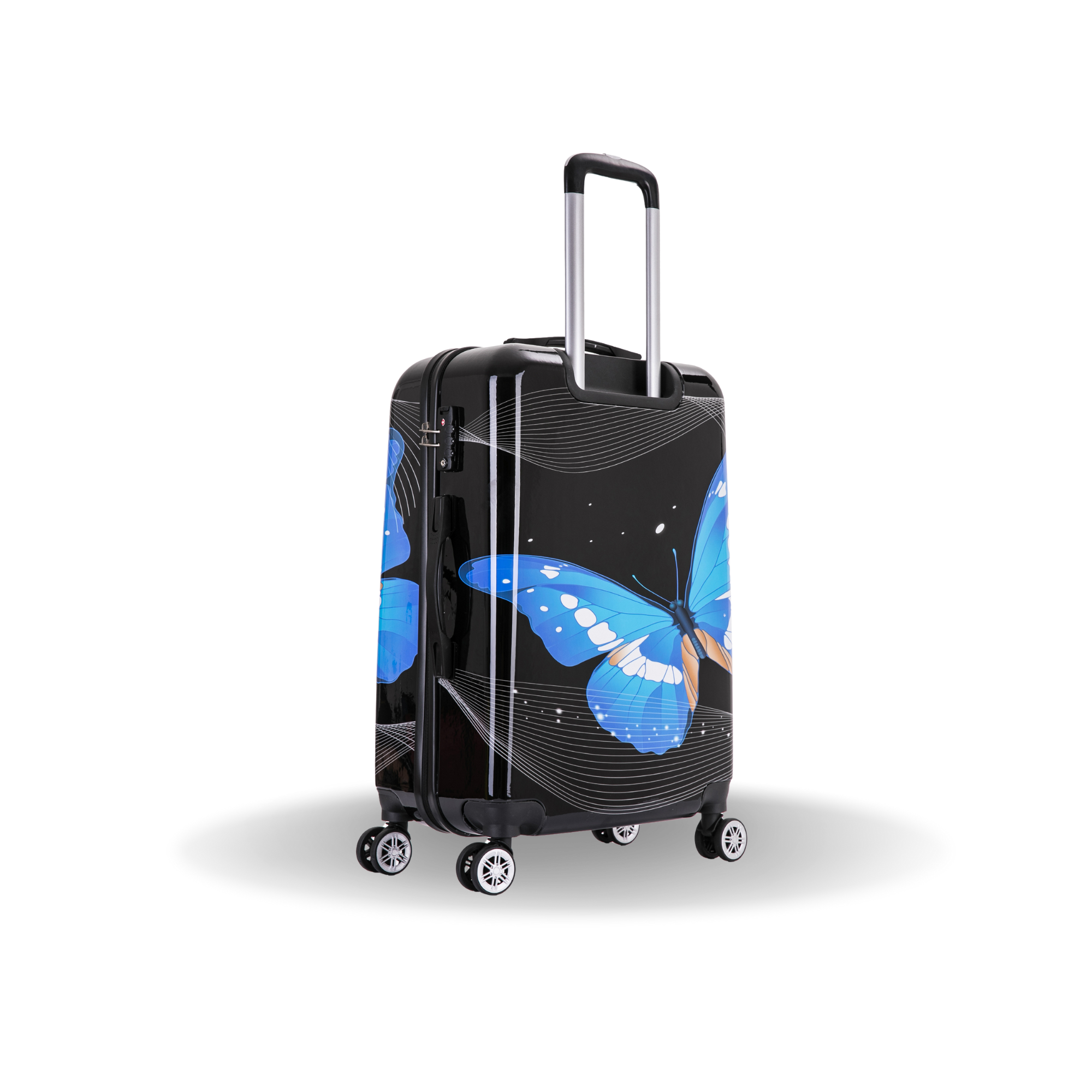 Black suitcase with blue butterfly design on a white background