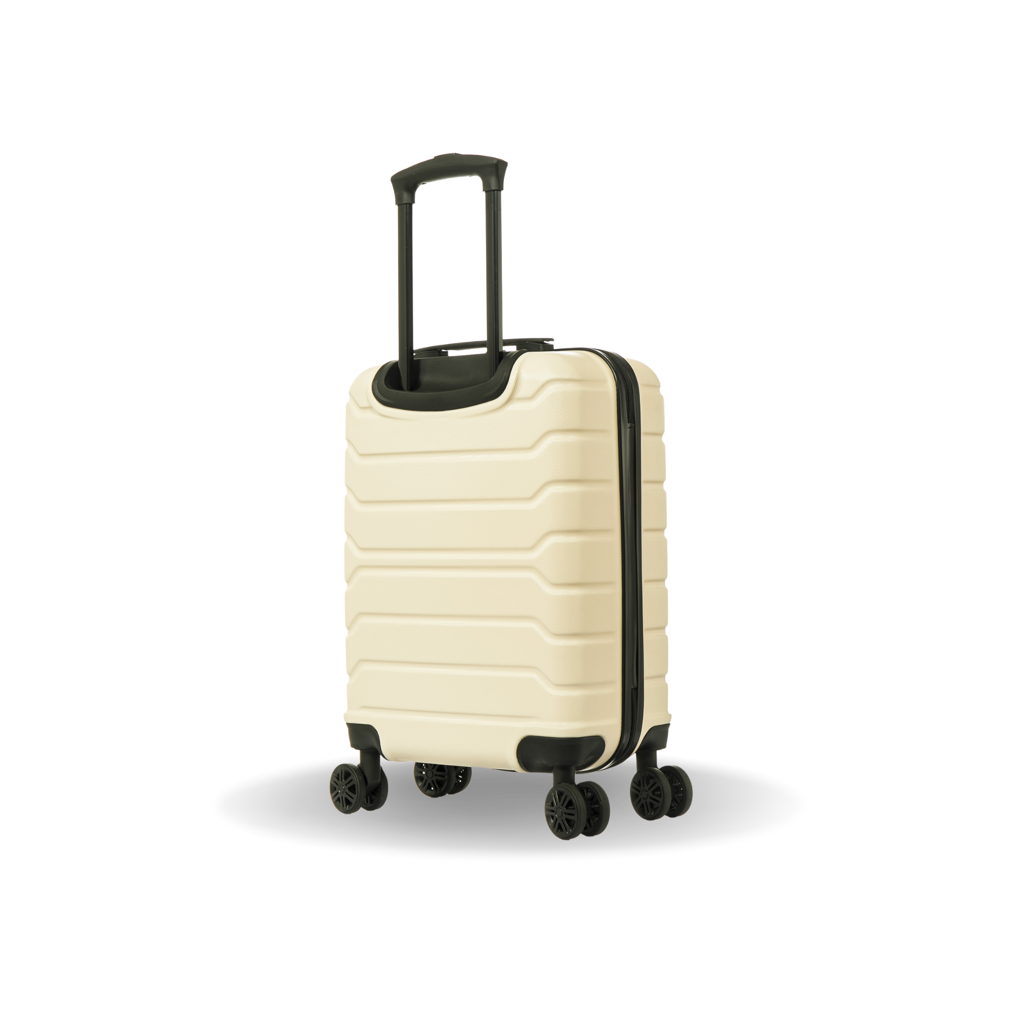 Beige suitcase with black wheels and handle on a white background
