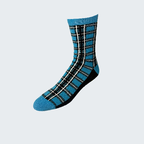 Blue and black plaid sock on a white background