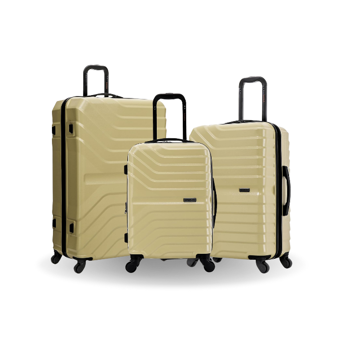 Three beige suitcases of different sizes on a white background