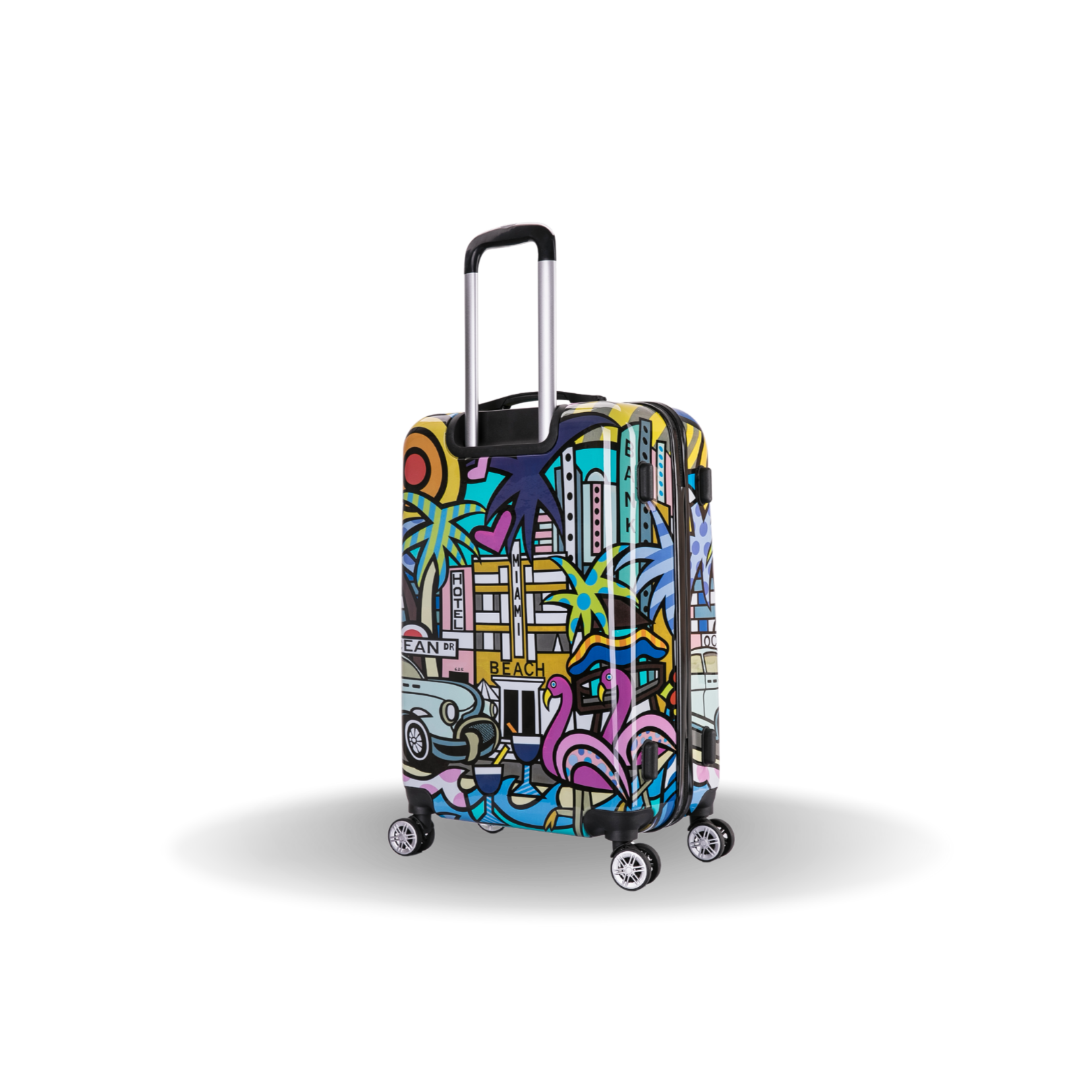 Colorful suitcase with a pattern on a white background