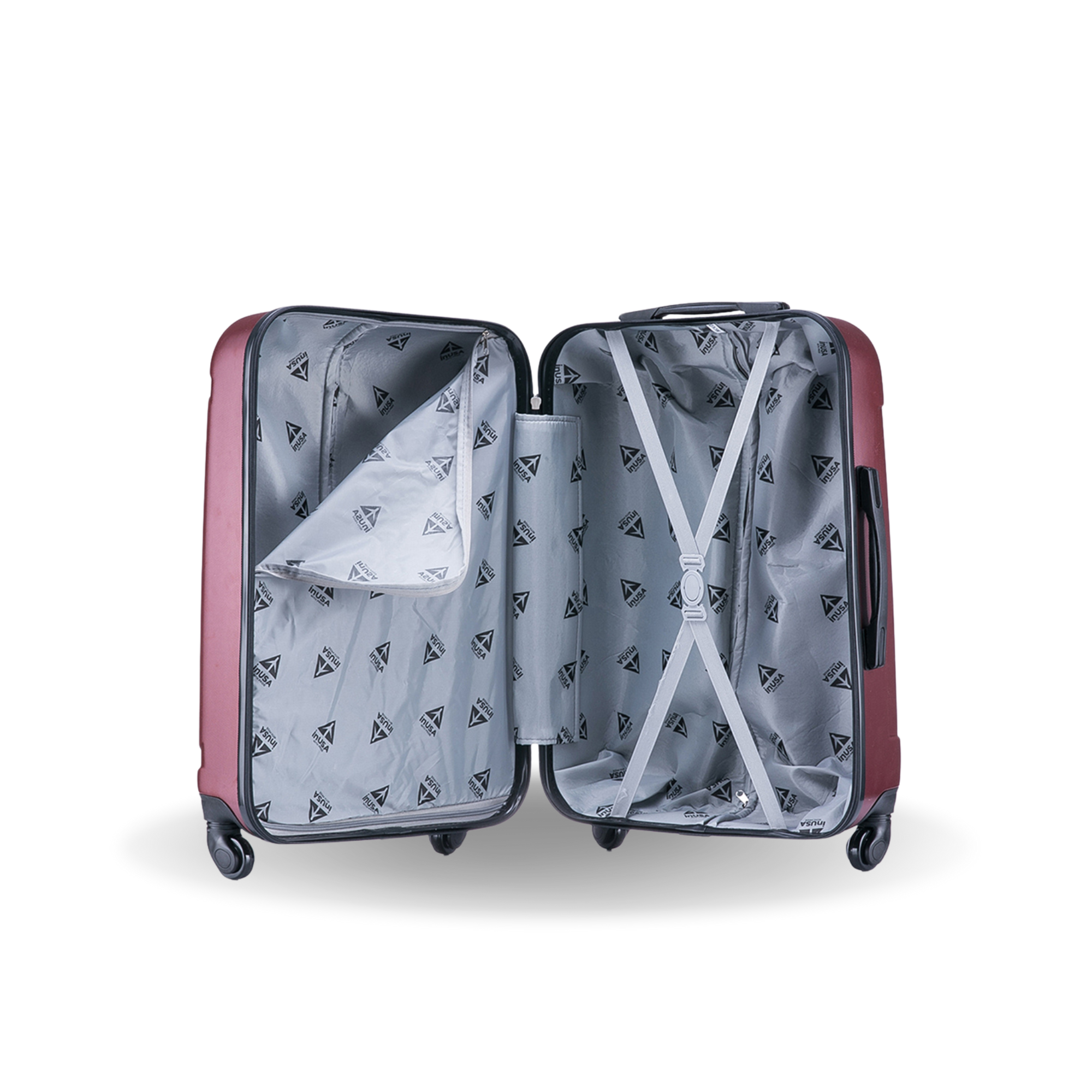 Open red suitcase with patterned interior on a white background