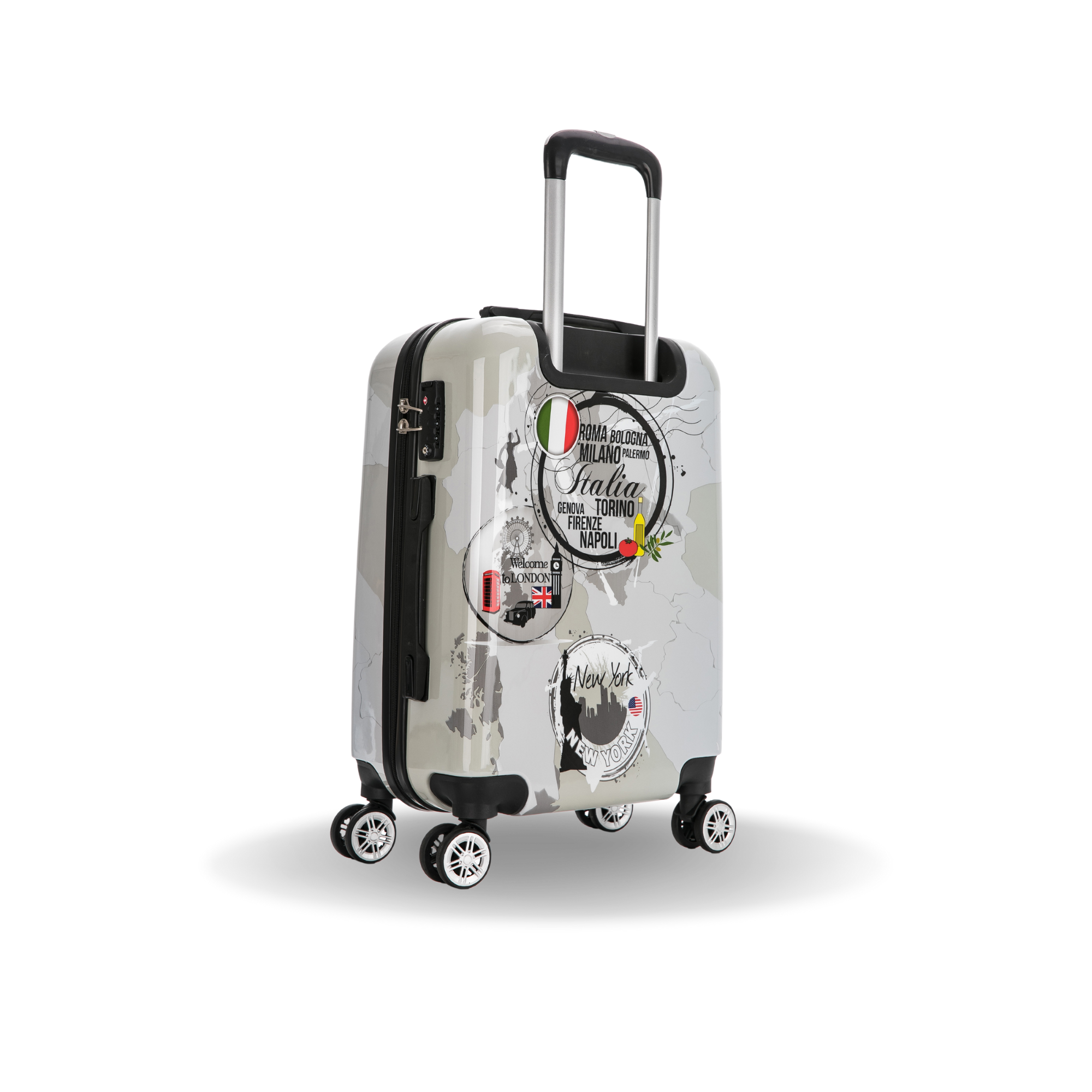 White suitcase with black text and graphics on a white background