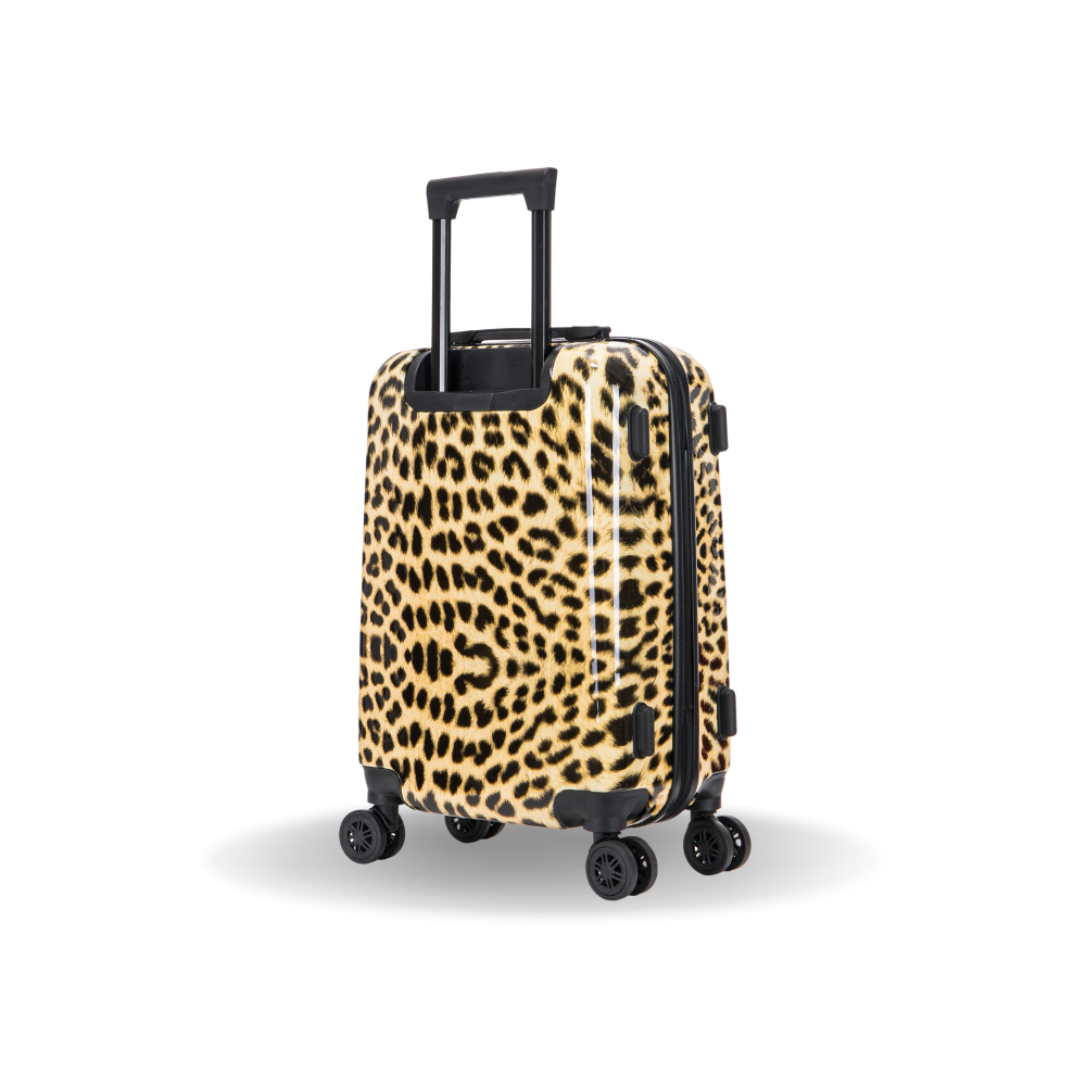 Leopard print suitcase on a white background