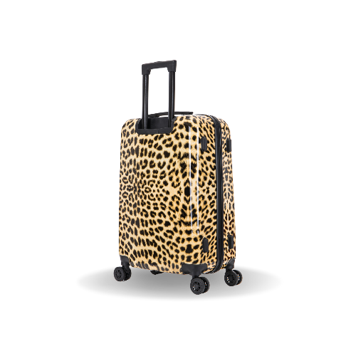 Leopard print suitcase on a white background