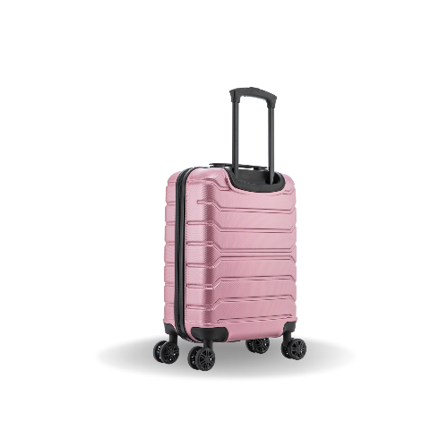 Pink suitcase with black wheels and handle on a white background