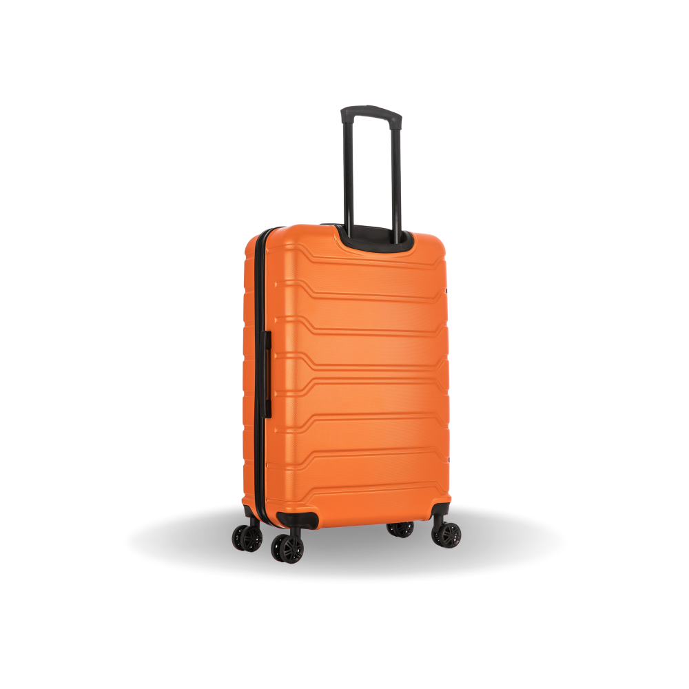 Orange suitcase with black handle and wheels on a white background